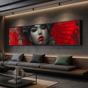 Dramatic Red Geisha Portrait Canvas, Asian Woman Wall Art, Modern Oriental Decor, Bold Lip Color Canvas, Striking Face Art for Home
