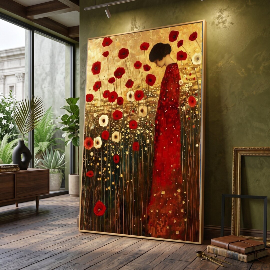 Gustav Klimt, Elegant Woman Red Dress Canvas, Floral Field Wall Art ...