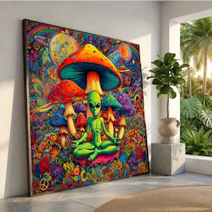 Op de afbeelding: Een grote rechthoekige wandkunstprint met een levendige psychedelische scène met een groene alien die in lotushouding mediteert, omringd door kleurrijke paddenstoelen, wervelende patronen, een planeet en een vredesteken in een rijk verzadigd palet.