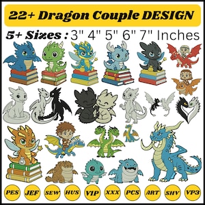 May include: A collection of dragon-themed designs, featuring various cartoon dragons in different colors and poses. The text indicates 22+ designs in 5+ sizes, ranging from 3 to 7 inches.