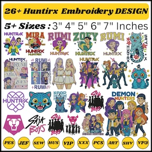 May include: A collection of 26+ Huntirx embroidery designs in 5+ sizes, ranging from 3 to 7 inches. The designs feature various cartoon characters, logos, and text, including "MIRA," "RUMI," and "ZOEY." The designs are colorful and suitable for various crafting projects.