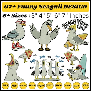 Op de afbeelding: Een collectie van zeven meeuwen-borduurontwerpen in diverse houdingen, waaronder meeuwen met zonnebrillen, sneakers en hoeden, die pizzapunten of surfplanken vasthouden, met de tekst 07+ Funny Seagull DESIGN en 5+ Sizes: 3" 4" 5" 6" 7" Inches.