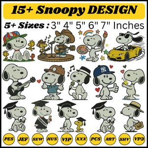 May include: A collection of Snoopy designs in various poses, including playing guitar, driving a yellow car, and wearing a graduation cap. The image includes the text "15+ Snoopy DESIGN" and "5+ Sizes: 3" 4" 5" 6" 7" Inches".