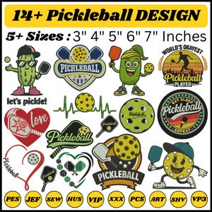 Könnte beinhalten: Eine Sammlung von Pickleball-Designs mit dem Text "14+ Pickleball DESIGN" und "5+ Größen: 7,6 cm 10,2 cm 12,7 cm 15,2 cm 17,8 cm". Die Designs umfassen Pickleball-Schläger, Bälle und Cartoon-Figuren. Die Designs sind in verschiedenen Farben und Stilen.