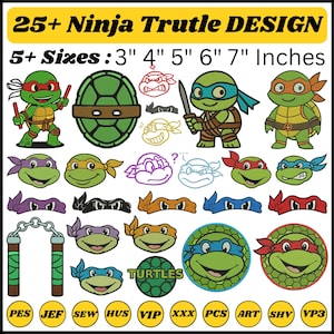 May include: A collection of Ninja Turtle designs in various styles and sizes. The image includes cartoon illustrations of the turtles, their masks, weapons, and a turtle shell. Text indicates sizes from 3 to 7 inches.