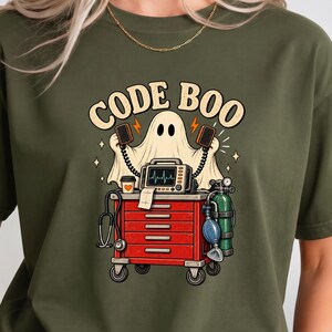 Nurse Halloween Shirt, Code Boo Ghost with Crash Cart, Funny ER Nurse Graphic Tee