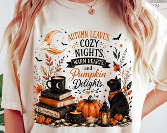 Autumn Leaves Cozy Nights Shirt, Fall Black Cat Tee, Pumpkin Season Shirt, Cozy Fall Shirt, Book Lover Gift, Halloween Cat Shirt
