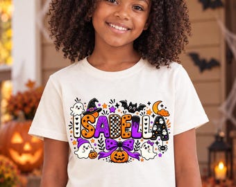 Personalized Kids Halloween Shirt, Custom Name Ghost T-Shirt, Cute Spooky Pumpkin Tee, Girls Halloween Shirt, Trick or Treat Gift