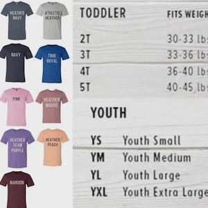 May include: A color chart featuring twenty short-sleeved t-shirts in various shades including heather maroon, deep teal, navy, athletic heather, dark grey, white, royal, black, red, pink, mauve, military green, orange, purple, peach, and forest.