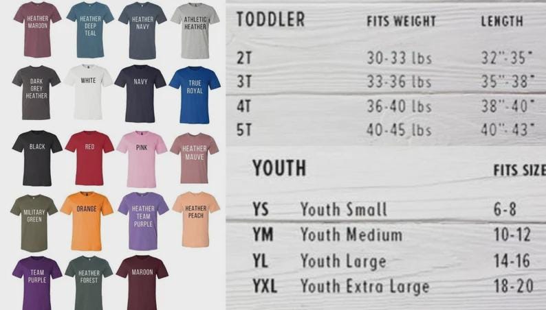 May include: A color chart featuring twenty short-sleeved t-shirts in various shades including heather maroon, deep teal, navy, athletic heather, dark grey, white, royal, black, red, pink, mauve, military green, orange, purple, peach, and forest.