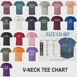 May include: A collection of short-sleeve V-neck t-shirts in various solid colors including maroon, deep teal, navy, athletic heather, mauve, peach, dark grey, white, forest, royal, black, red, pink, military green, orange, and purple with a size chart.