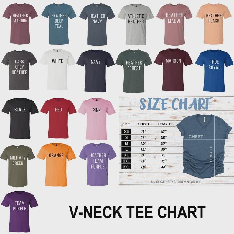 May include: A collection of short-sleeve V-neck t-shirts in various solid colors including maroon, deep teal, navy, athletic heather, mauve, peach, dark grey, white, forest, royal, black, red, pink, military green, orange, and purple with a size chart.