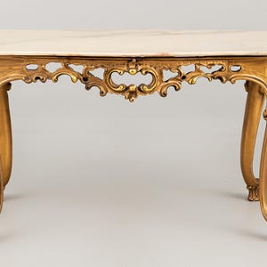 Antique Baroque Style Coffee Table with Gold Leaf Marble Top, Vintage Decorative Side Table with Hand-Carved Rococo Legs