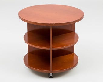 Librería giratoria de estilo moderno de mediados de siglo, mesa auxiliar con ruedas de madera maciza, mesa de centro redonda y revistero, decoración retro para oficina y sala de estar.