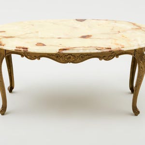Antique Style Onyx Marble Coffee Table   Classic Center Table with Brass Cast Legs   Vintage French Rococo Living Room Table