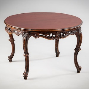 Antique Hand Carved Round Wooden Coffee Table, Baroque Rococo Style Vintage Living Room Coffee Table, Dark Walnut Polished Decorative Table