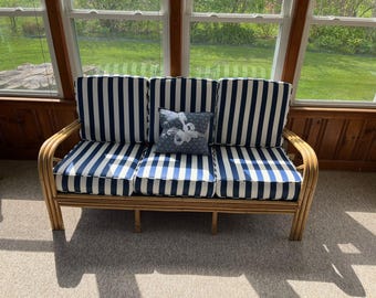 Antique 3-strand Rattan Sofa and pair of Transitional Rattan Lounge Chairs (ca. 1945)
