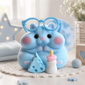 May include: A light blue flocked hamster figurine wearing bright blue round glasses, featuring pink cheeks and small paws. In front of the hamster sits a blue triangular piece of cheese with holes and a small white baby bottle with a pink cap.
