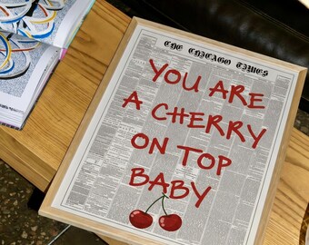Vintage tidningsaffisch med körsbär, handmålat typografitryck (digital nedladdning)