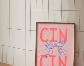 Cin Cin Martini-tryck, rosa retro cocktailbarkonst (digital nedladdning)