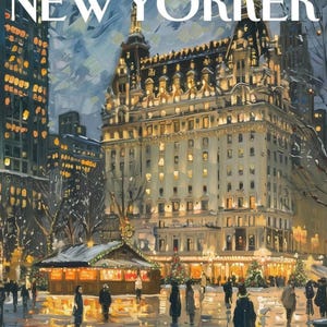 May include: The New Yorker magazine cover from December 12, 1953, depicts a winter scene in New York City. A large, illuminated building is the focal point, with a Christmas market and people in the foreground. The sky is a mix of blues and grays.