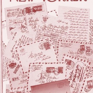 May include: A 1966 New Yorker magazine cover, dated September 17th, with a collage of letters, stamps, and handwriting in red and white. The magazine's title and price are at the top. The price is 35 cents.