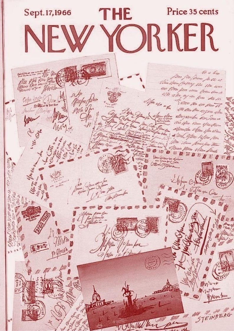May include: A 1966 New Yorker magazine cover, dated September 17th, with a collage of letters, stamps, and handwriting in red and white. The magazine's title and price are at the top. The price is 35 cents.