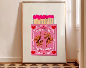 Rosa tändsticksask-tryck, retro tigerkonst, alla hjärtans dag-dekor (digital nedladdning)