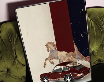 Vintage Porsche-tryck, vinröd marinblå retrobilaffisch (digital nedladdning)
