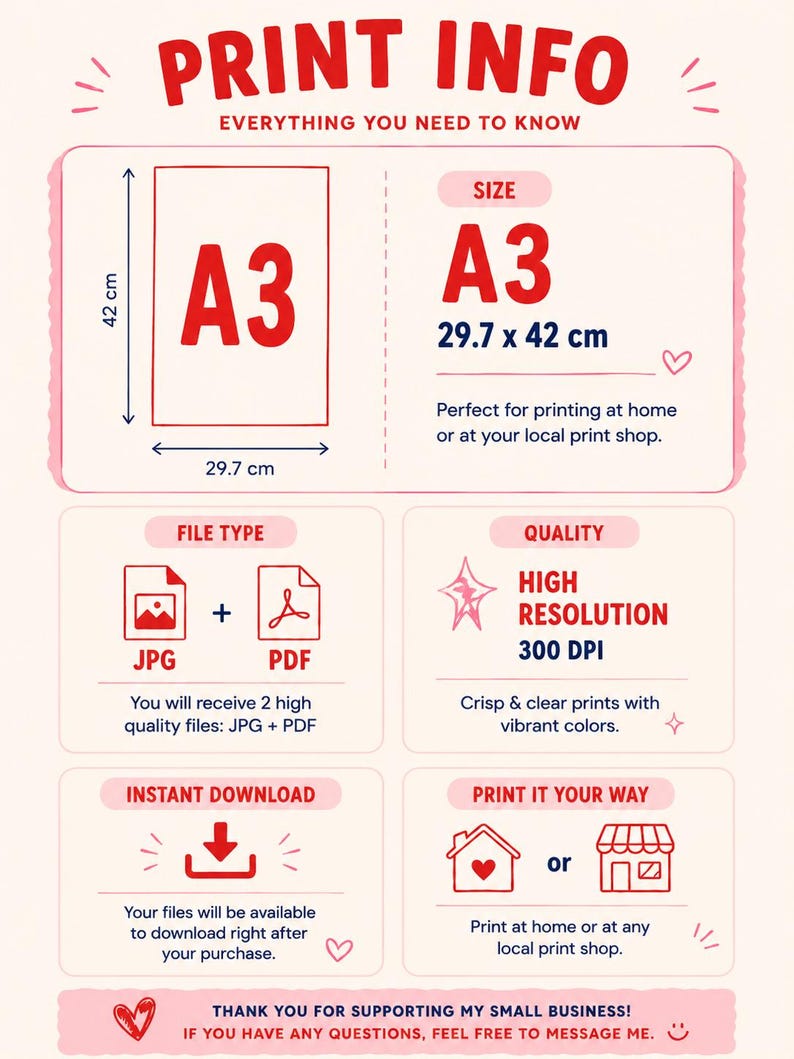 May include: Print information graphic with a pink and white design. The graphic includes details about A3 size prints, which are 29.7 x 42 cm. It also highlights file types (JPG and PDF), high resolution (300 DPI), and instant download availability.