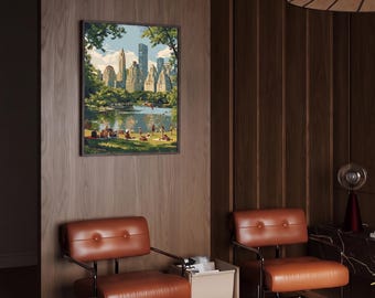 Vintage-affisch med Central Park, illustration av New Yorks skyline, retro väggkonst med Manhattan