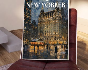 Puede incluir: Una portada enmarcada de la revista The New Yorker, con fecha del 12 de diciembre de 1953, que representa una escena nocturna de un edificio con luces y personas. La revista se muestra en una silla burdeos.