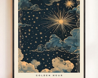 Gyllene timmen himmelsk konst, vintage månstjärnaposter, bohemisk natthimmeldekor (digital nedladdning)