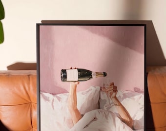 Väggkonsttryck med champagnemotiv, rosa sovrumsdekor, kokettposter, parisisk stil (digital nedladdning)