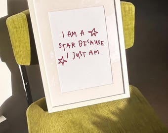 Jag är en stjärna-tryck, röd textstjärnkonst, stärkande citat (digital nedladdning)