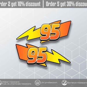 Puede incluir: Dos pegatinas con el número "95" en naranja y blanco, sobre un diseño de rayo amarillo y naranja. Las pegatinas tienen un contorno negro y están sobre un fondo gris claro. El texto en la parte superior dice "Order 2 get 10% discount | Order 5 get 30% discount".