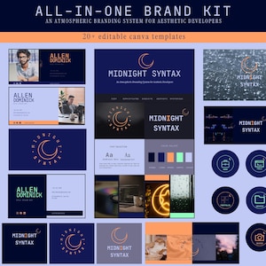 Puede incluir: Kit de branding con elementos gráficos en azul oscuro y naranja. Incluye plantillas de tarjetas de visita, logotipos y gráficos para redes sociales. Se ve el texto "MIDNIGHT SYNTAX" y "ALLEN DOMINICK". Diseñado para desarrolladores estéticos.