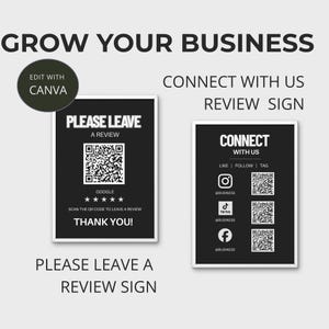 Op de afbeelding: Twee zwart-witte rechthoekige borden met de tekst GROW YOUR BUSINESS en CONNECT WITH US REVIEW SIGN. Het linkerbord bevat een QR-code voor Google-recensies met vijf sterren. Het rechterbord toont Instagram-, TikTok- en Facebook-pictogrammen.