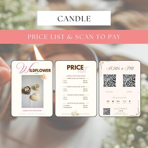 May include: A three-panel informational display featuring the text CANDLE, PRICE LIST & SCAN TO PAY. The panels include the brand name Wildflower & Co, a list of candle types with prices, and two QR codes for payment methods including Cash App and Venmo.