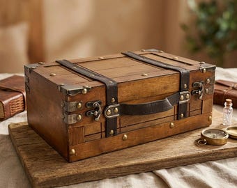 Vintage Wooden Chest Decorative Storage Box with Leather Straps, Treasure Trunk for Jewelry, Keepsakes and Home Decor