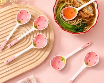 Kawaii Strawberry Ceramic Spoon – Cute Ceramic Dessert Spoon, Korean Aesthetic Kitchen, Gift for Her