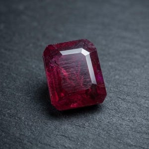 Può includere: Una gemma rettangolare rosso scuro con taglio a smeraldo, caratterizzata da bordi sfaccettati che riflettono la luce. La pietra presenta una ricca tonalità cremisi satura con inclusioni interne visibili e una superficie liscia e lucida.