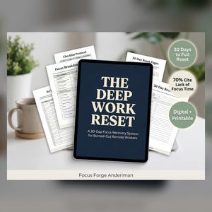 Pode incluir: Um tablet digital exibindo o título THE DEEP WORK RESET A 30-Day Focus Recovery System for Burned-Out Remote Workers, cercado por páginas impressas incluindo um Checklist Protocol e Focus Breakdown, com três emblemas circulares.