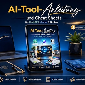 May include: An advertisement for AI-Tool-Anleitung and Cheat Sheets for ChatGPT, Canva & Notion, available as a digital download. The image shows a tablet displaying the product, a laptop, a notebook, and a small potted plant. The text includes "Digitaler Download".