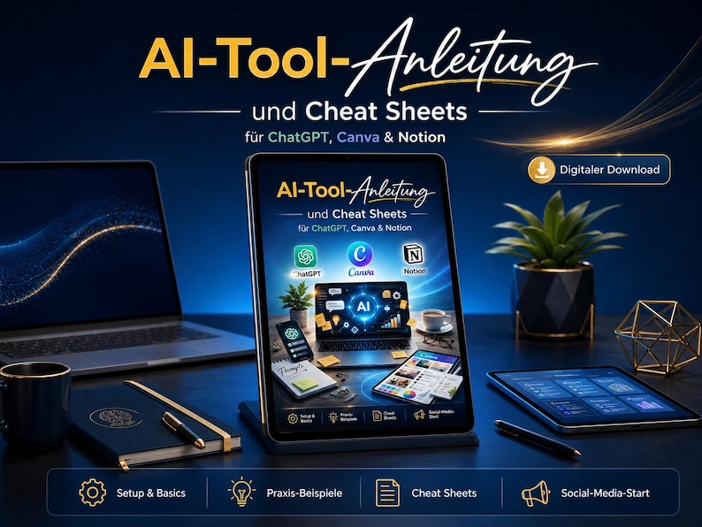 Peut inclure: Publicit&eacute; pour "AI-Tool-Anleitung" et "Cheat Sheets" pour ChatGPT, Canva & Notion, disponible en t&eacute;l&eacute;chargement num&eacute;rique. L'image pr&eacute;sente une tablette affichant le produit, un ordinateur portable, un carnet et une petite plante en pot.