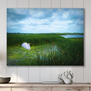 Marsh wall art, Bird Art, Great White Egret, Tropical Bird, Coastal Decor, Beach Home, Egret Lover Gift, Framed/Unframed-Prints or Canvas