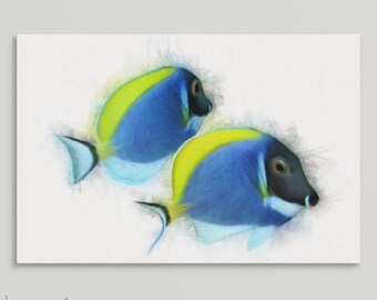 Blue Fish Artwork, Tropical Fish, Powder Blue Tangs, Fish Painting, Beach/Bath Decor, Tropical Artwork  Framed or Unframed Prints/Canvas