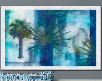 Tropical Blue Art, Palm Trees, Shells, Coastal Decor, Large Wall Art, Palm Canvas, Beach Art, Blue and White, Framed/Unframed Prints/Canvas