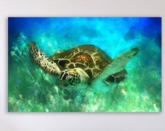 Sea Turtle Art Print: Ocean Painting, Beach House Decor, Framed/Unframed Options