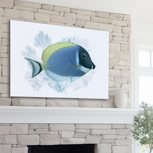 Coastal Tropical Fish Painting, Blue Tang Fish, Beach House Art, Blue & White, Modern Beach Coastal Decor Art, Framed/Unframed-Prints/Canvas